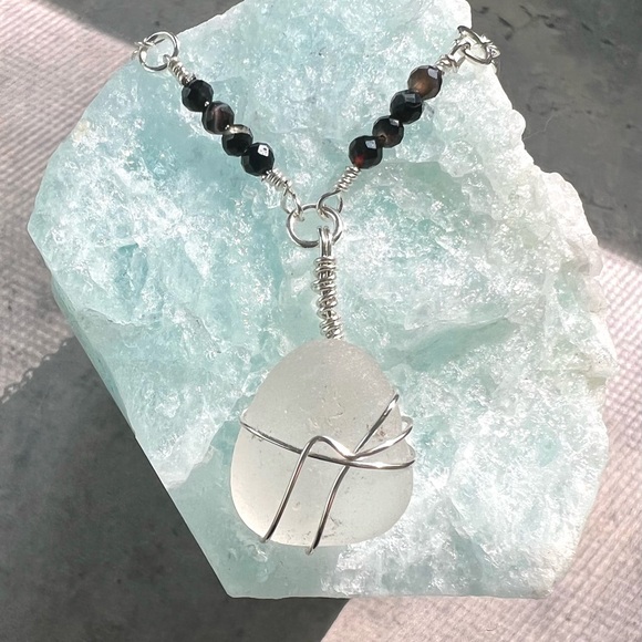 Hand Crafted Jewelry - Caribbean Seaglass + Agate Crystal Handmade Necklace